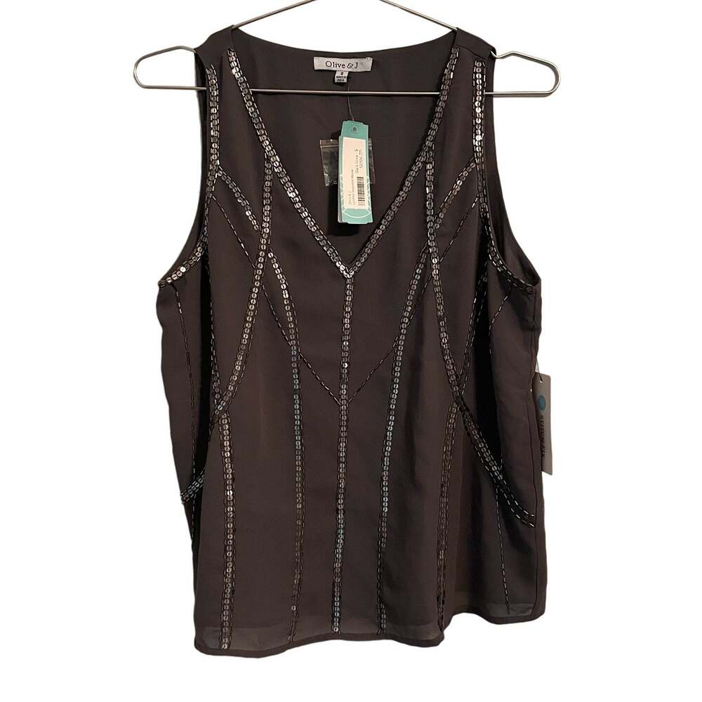 Olive & J Womens New Gray Sequins Beading V Neck Tank blouse S